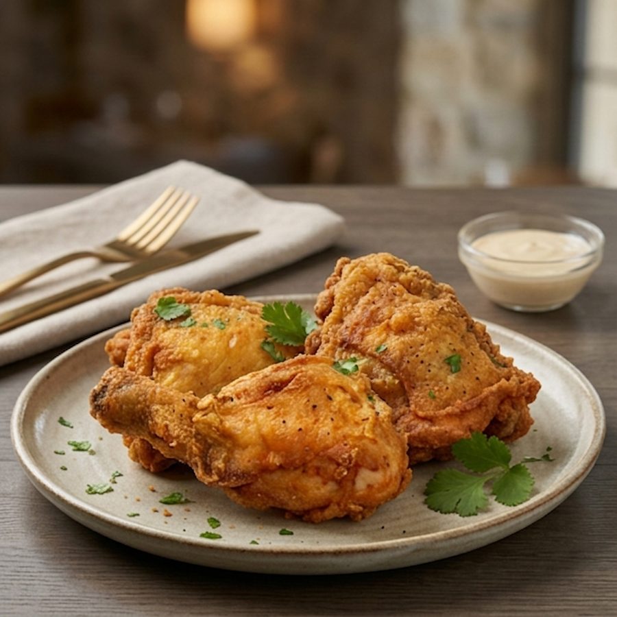 Golden chicken broast on a plate with dipping sauce